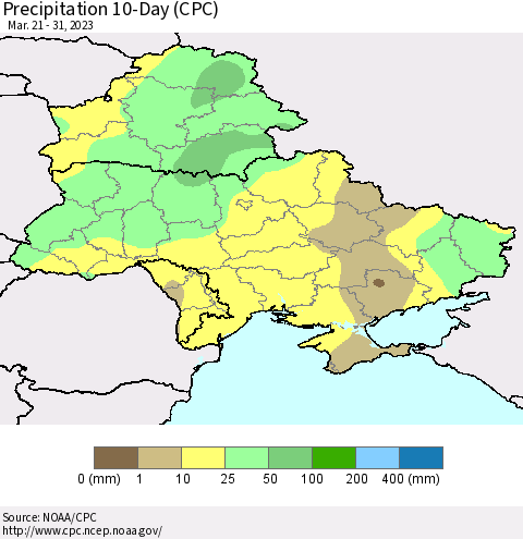 Ukraine, Moldova and Belarus Precipitation 10-Day (CPC) Thematic Map For 3/21/2023 - 3/31/2023