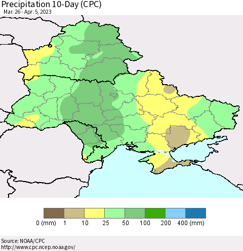 Ukraine, Moldova and Belarus Precipitation 10-Day (CPC) Thematic Map For 3/26/2023 - 4/5/2023
