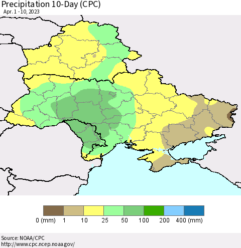 Ukraine, Moldova and Belarus Precipitation 10-Day (CPC) Thematic Map For 4/1/2023 - 4/10/2023