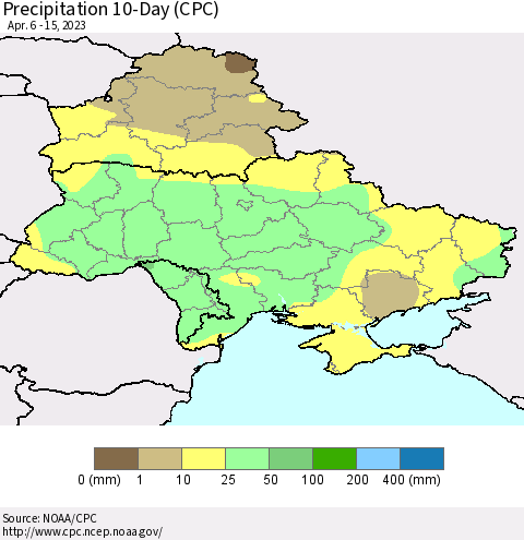 Ukraine, Moldova and Belarus Precipitation 10-Day (CPC) Thematic Map For 4/6/2023 - 4/15/2023