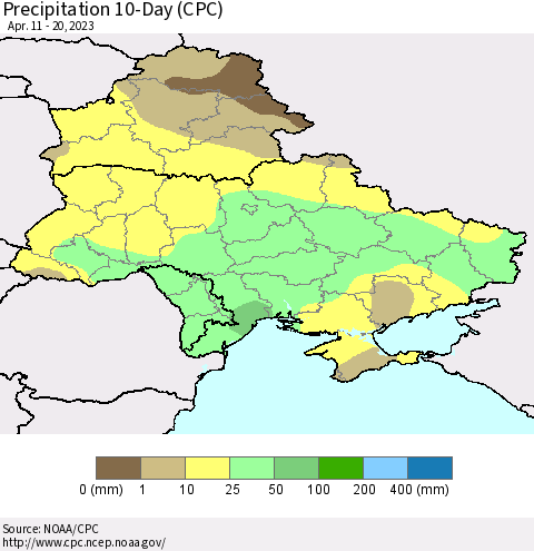 Ukraine, Moldova and Belarus Precipitation 10-Day (CPC) Thematic Map For 4/11/2023 - 4/20/2023