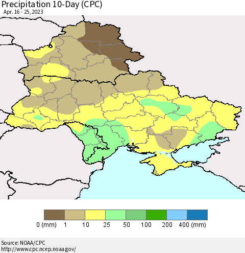 Ukraine, Moldova and Belarus Precipitation 10-Day (CPC) Thematic Map For 4/16/2023 - 4/25/2023
