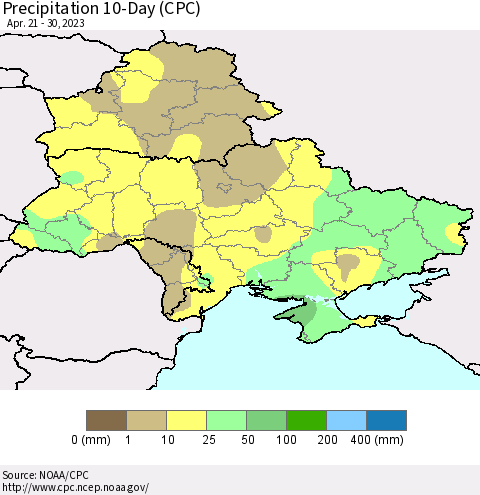 Ukraine, Moldova and Belarus Precipitation 10-Day (CPC) Thematic Map For 4/21/2023 - 4/30/2023