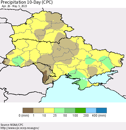 Ukraine, Moldova and Belarus Precipitation 10-Day (CPC) Thematic Map For 4/26/2023 - 5/5/2023