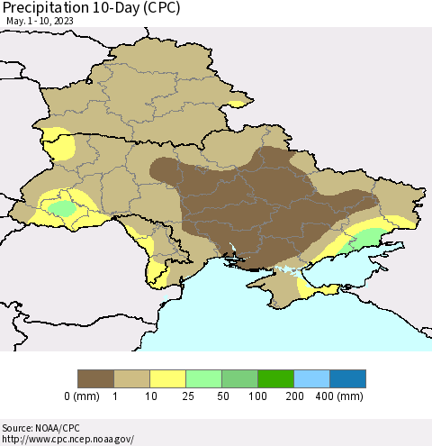 Ukraine, Moldova and Belarus Precipitation 10-Day (CPC) Thematic Map For 5/1/2023 - 5/10/2023