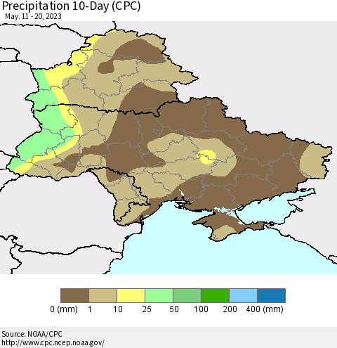 Ukraine, Moldova and Belarus Precipitation 10-Day (CPC) Thematic Map For 5/11/2023 - 5/20/2023