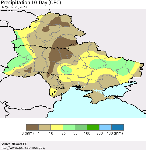 Ukraine, Moldova and Belarus Precipitation 10-Day (CPC) Thematic Map For 5/16/2023 - 5/25/2023