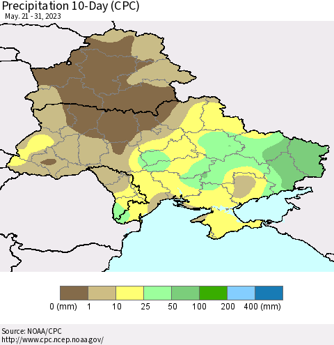 Ukraine, Moldova and Belarus Precipitation 10-Day (CPC) Thematic Map For 5/21/2023 - 5/31/2023