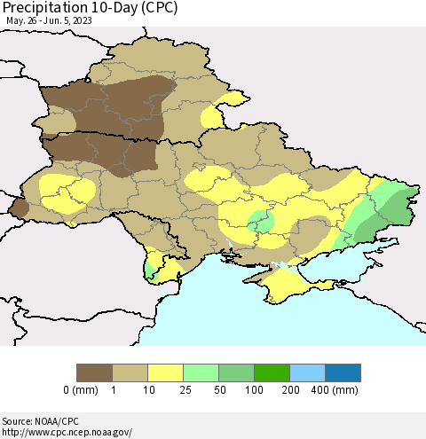Ukraine, Moldova and Belarus Precipitation 10-Day (CPC) Thematic Map For 5/26/2023 - 6/5/2023