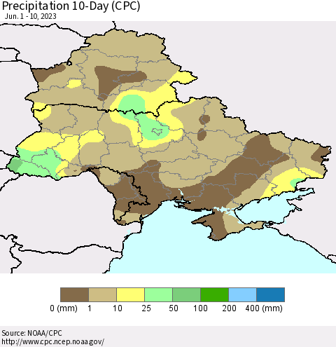 Ukraine, Moldova and Belarus Precipitation 10-Day (CPC) Thematic Map For 6/1/2023 - 6/10/2023