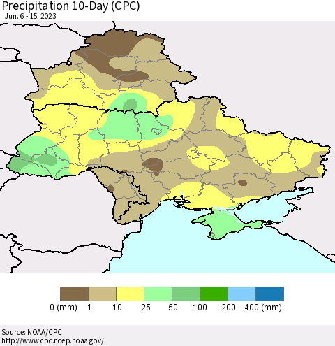 Ukraine, Moldova and Belarus Precipitation 10-Day (CPC) Thematic Map For 6/6/2023 - 6/15/2023