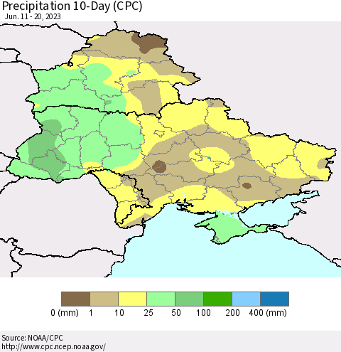 Ukraine, Moldova and Belarus Precipitation 10-Day (CPC) Thematic Map For 6/11/2023 - 6/20/2023