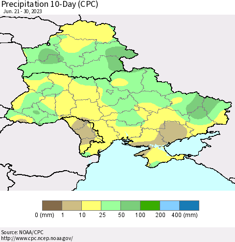 Ukraine, Moldova and Belarus Precipitation 10-Day (CPC) Thematic Map For 6/21/2023 - 6/30/2023