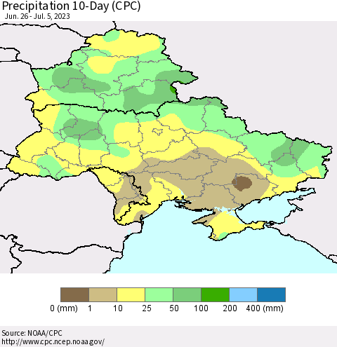 Ukraine, Moldova and Belarus Precipitation 10-Day (CPC) Thematic Map For 6/26/2023 - 7/5/2023