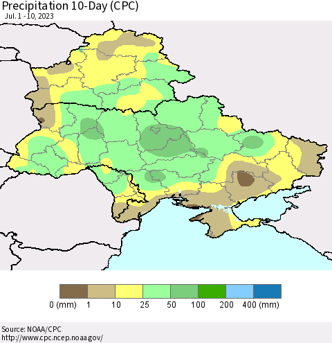 Ukraine, Moldova and Belarus Precipitation 10-Day (CPC) Thematic Map For 7/1/2023 - 7/10/2023