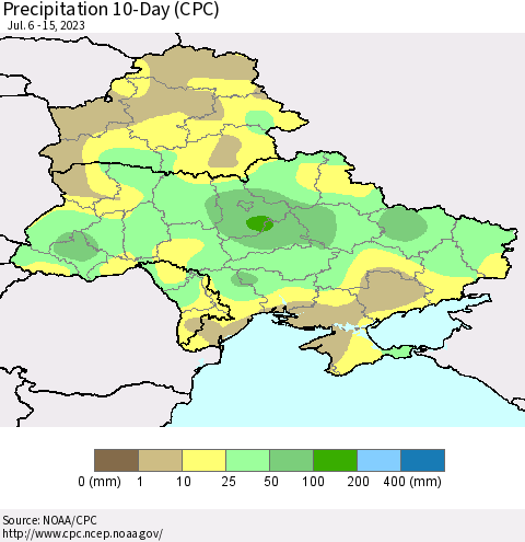 Ukraine, Moldova and Belarus Precipitation 10-Day (CPC) Thematic Map For 7/6/2023 - 7/15/2023