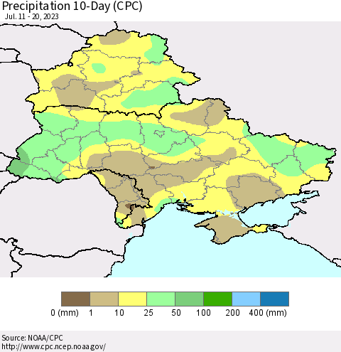 Ukraine, Moldova and Belarus Precipitation 10-Day (CPC) Thematic Map For 7/11/2023 - 7/20/2023