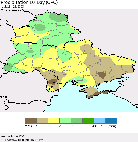 Ukraine, Moldova and Belarus Precipitation 10-Day (CPC) Thematic Map For 7/16/2023 - 7/25/2023