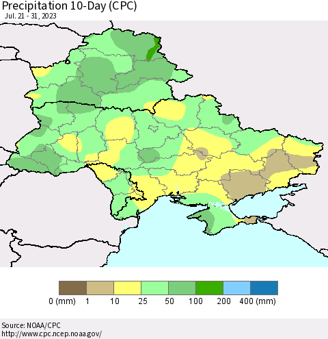 Ukraine, Moldova and Belarus Precipitation 10-Day (CPC) Thematic Map For 7/21/2023 - 7/31/2023