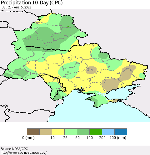Ukraine, Moldova and Belarus Precipitation 10-Day (CPC) Thematic Map For 7/26/2023 - 8/5/2023