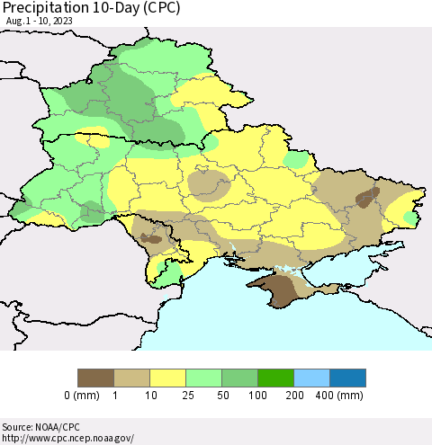 Ukraine, Moldova and Belarus Precipitation 10-Day (CPC) Thematic Map For 8/1/2023 - 8/10/2023