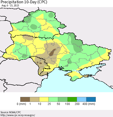 Ukraine, Moldova and Belarus Precipitation 10-Day (CPC) Thematic Map For 8/6/2023 - 8/15/2023