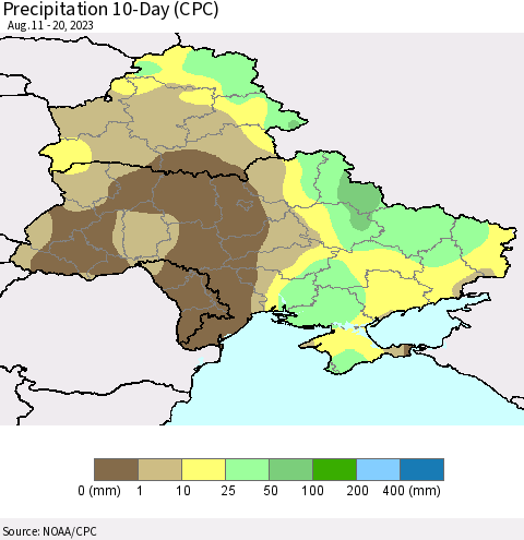 Ukraine, Moldova and Belarus Precipitation 10-Day (CPC) Thematic Map For 8/11/2023 - 8/20/2023