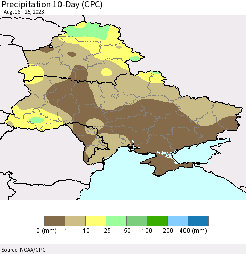 Ukraine, Moldova and Belarus Precipitation 10-Day (CPC) Thematic Map For 8/16/2023 - 8/25/2023