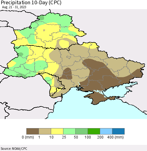 Ukraine, Moldova and Belarus Precipitation 10-Day (CPC) Thematic Map For 8/21/2023 - 8/31/2023