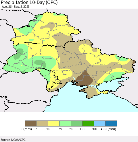 Ukraine, Moldova and Belarus Precipitation 10-Day (CPC) Thematic Map For 8/26/2023 - 9/5/2023