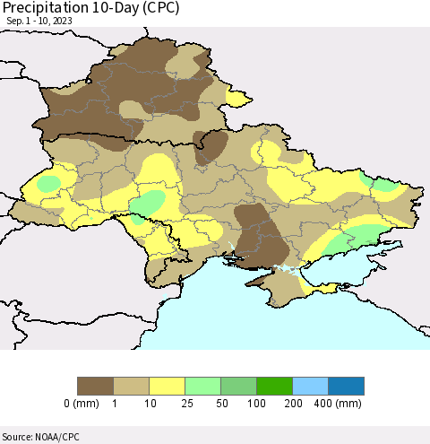 Ukraine, Moldova and Belarus Precipitation 10-Day (CPC) Thematic Map For 9/1/2023 - 9/10/2023