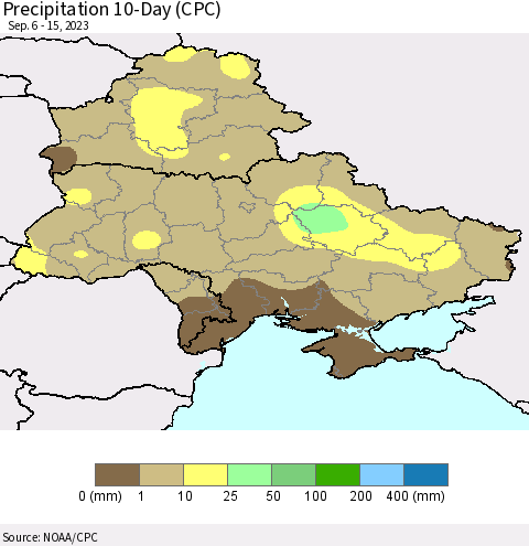 Ukraine, Moldova and Belarus Precipitation 10-Day (CPC) Thematic Map For 9/6/2023 - 9/15/2023