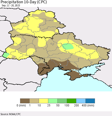 Ukraine, Moldova and Belarus Precipitation 10-Day (CPC) Thematic Map For 9/11/2023 - 9/20/2023