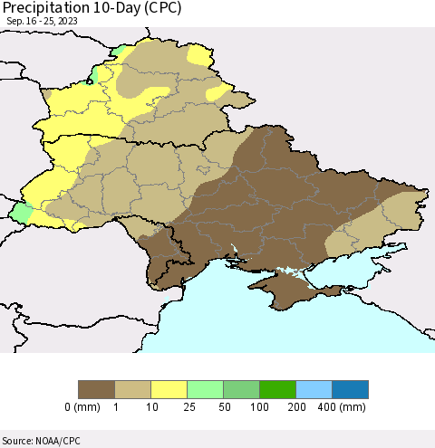Ukraine, Moldova and Belarus Precipitation 10-Day (CPC) Thematic Map For 9/16/2023 - 9/25/2023