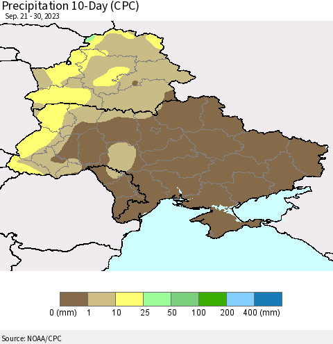 Ukraine, Moldova and Belarus Precipitation 10-Day (CPC) Thematic Map For 9/21/2023 - 9/30/2023