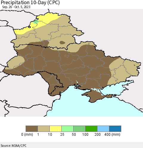 Ukraine, Moldova and Belarus Precipitation 10-Day (CPC) Thematic Map For 9/26/2023 - 10/5/2023