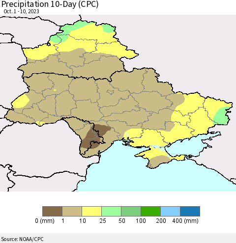 Ukraine, Moldova and Belarus Precipitation 10-Day (CPC) Thematic Map For 10/1/2023 - 10/10/2023
