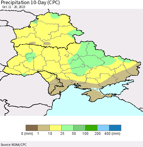Ukraine, Moldova and Belarus Precipitation 10-Day (CPC) Thematic Map For 10/11/2023 - 10/20/2023