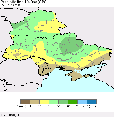 Ukraine, Moldova and Belarus Precipitation 10-Day (CPC) Thematic Map For 10/16/2023 - 10/25/2023