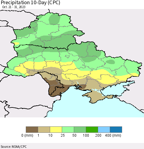 Ukraine, Moldova and Belarus Precipitation 10-Day (CPC) Thematic Map For 10/21/2023 - 10/31/2023