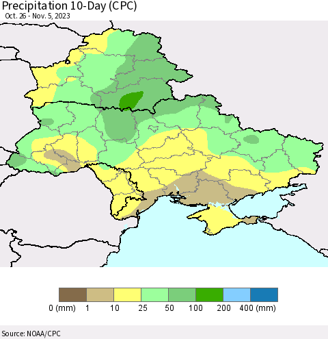 Ukraine, Moldova and Belarus Precipitation 10-Day (CPC) Thematic Map For 10/26/2023 - 11/5/2023