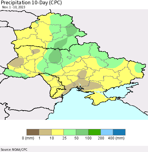 Ukraine, Moldova and Belarus Precipitation 10-Day (CPC) Thematic Map For 11/1/2023 - 11/10/2023