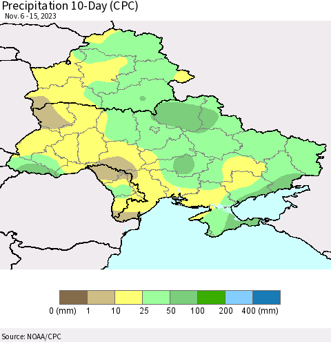 Ukraine, Moldova and Belarus Precipitation 10-Day (CPC) Thematic Map For 11/6/2023 - 11/15/2023