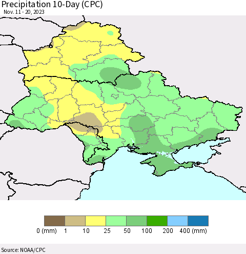 Ukraine, Moldova and Belarus Precipitation 10-Day (CPC) Thematic Map For 11/11/2023 - 11/20/2023