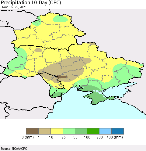 Ukraine, Moldova and Belarus Precipitation 10-Day (CPC) Thematic Map For 11/16/2023 - 11/25/2023