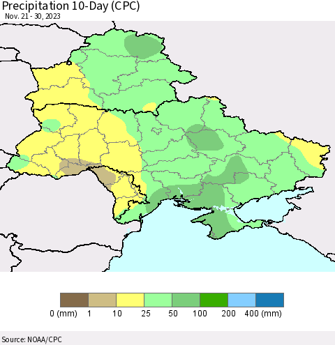 Ukraine, Moldova and Belarus Precipitation 10-Day (CPC) Thematic Map For 11/21/2023 - 11/30/2023