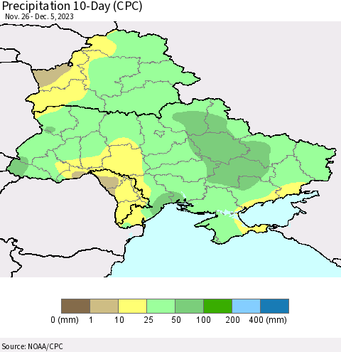 Ukraine, Moldova and Belarus Precipitation 10-Day (CPC) Thematic Map For 11/26/2023 - 12/5/2023