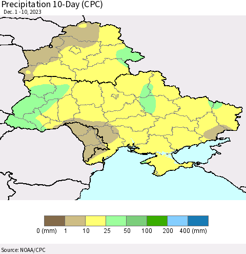 Ukraine, Moldova and Belarus Precipitation 10-Day (CPC) Thematic Map For 12/1/2023 - 12/10/2023