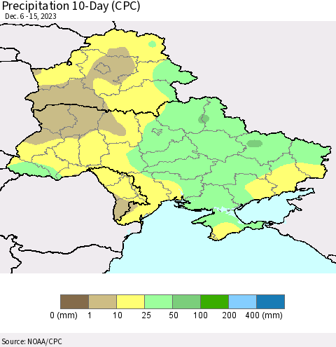 Ukraine, Moldova and Belarus Precipitation 10-Day (CPC) Thematic Map For 12/6/2023 - 12/15/2023