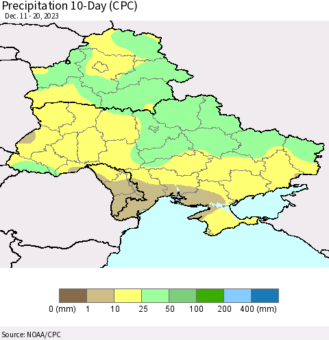 Ukraine, Moldova and Belarus Precipitation 10-Day (CPC) Thematic Map For 12/11/2023 - 12/20/2023